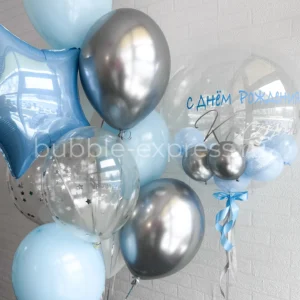 Композиция с deco bubble с маленькими шариками (серебро, голубой)
